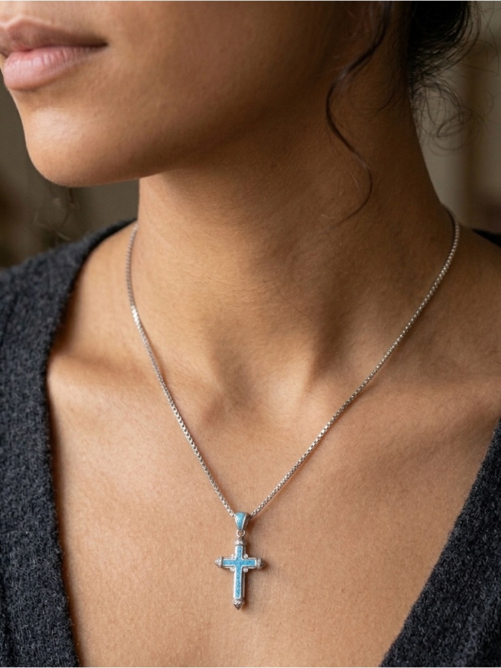 925 Cross Pendant with Blue Opal Inlay